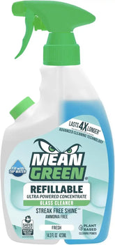 Mean Green Refillable Ultra Powered Glass Cleaner Concentrate, Fresh Scent, 14.3 fl oz – Plant & Mineral Based, Streak-Free Shine, Refillable Bottle Makes 4X Refills