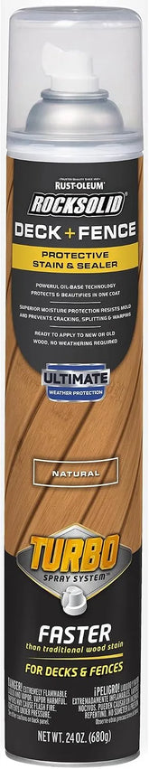 RockSolid Deck+Fence Protective Stain & Sealer with Turbo Spray System | Oil‑Base One‑Coat Protection | Superior Moisture Resistance | UV Resistant | Natural | 23 oz Aerosol