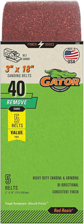 Gator 3" x 18" Red Resin Aluminum Oxide Sanding Belts, 40 Grit, 5 Pack
