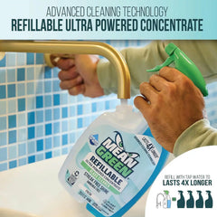 Mean Green Refillable Ultra Powered Glass Cleaner Concentrate, Fresh Scent, 14.3 fl oz (2-Pack) – Plant & Mineral Based, Streak-Free Shine, Refillable Bottle Makes 4X Refills