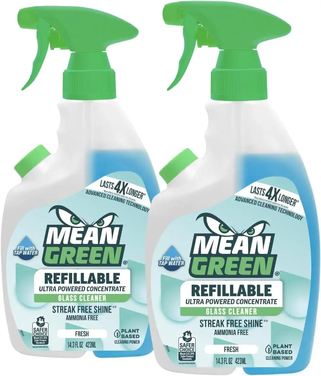 Mean Green Refillable Ultra Powered Glass Cleaner Concentrate, Fresh Scent, 14.3 fl oz (2-Pack) – Plant & Mineral Based, Streak-Free Shine, Refillable Bottle Makes 4X Refills
