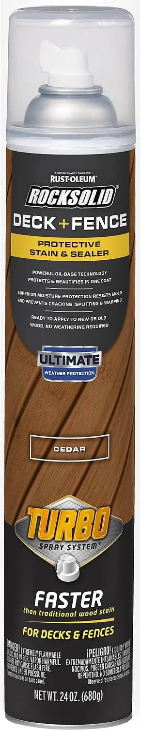 RockSolid Deck+Fence Protective Stain & Sealer with Turbo Spray System | Oil‑Base One‑Coat Protection | Superior Moisture Resistance | UV Resistant | Cedar | 23 oz Aerosol