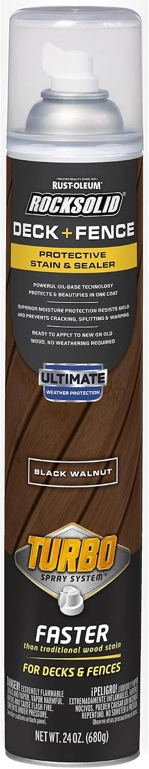 RockSolid Deck+Fence Protective Stain & Sealer with Turbo Spray System | Oil‑Base One‑Coat Protection | Superior Moisture Resistance | UV Resistant | Black Walnut | 23 oz Aerosol