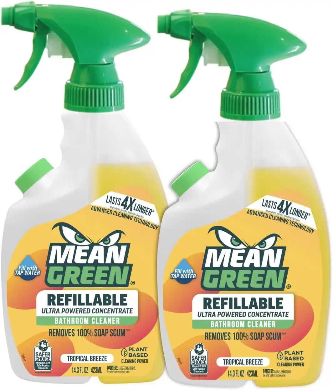 Mean Green Refillable Ultra Powered Bathroom Cleaner Concentrate, Tropical Breeze, 14.3 fl oz (2-Pack) – Plant & Mineral Based, Removes 100% of Soap Scum, Refillable Bottle Makes 4X Refills