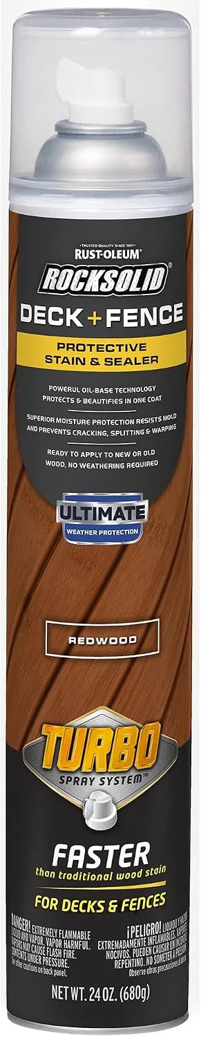 RockSolid Deck+Fence Protective Stain & Sealer with Turbo Spray System | Oil‑Base One‑Coat Protection | Superior Moisture Resistance | UV Resistant | Redwood | 23 oz Aerosol