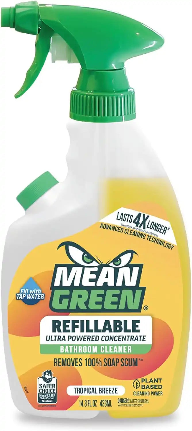 Mean Green Refillable Ultra Powered Bathroom Cleaner Concentrate, Tropical Breeze, 14.3 fl oz – Plant & Mineral Based, Removes 100% of Soap Scum, Refillable Bottle Makes 4X Refills