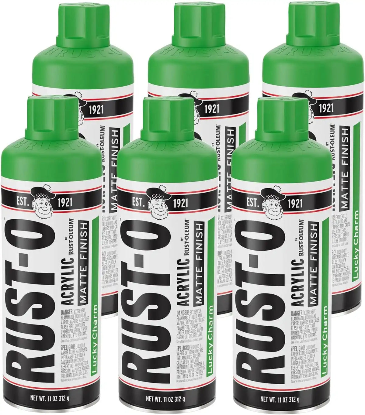 Rust-Oleum Rust-O Acrylic Spray Paint | Street Artist Spray Paint for Murals | Weather Resistant for Concrete, Wood, Brick and Other Surfaces | 11 Ounce | Matte Lucky Charm | 6 Pack