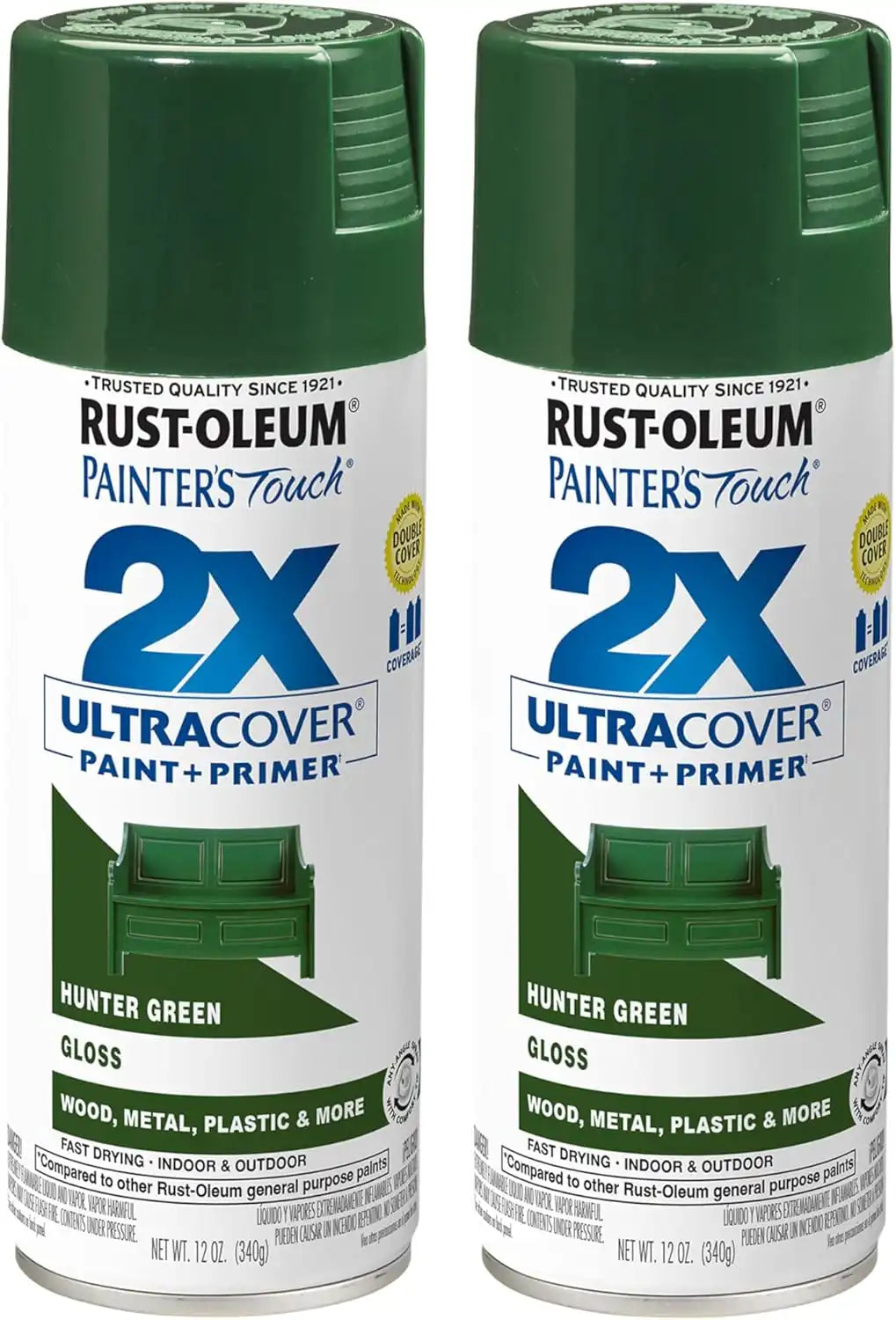 Rust-Oleum 334034-2PK Painter's Touch 2X Ultra Cover Spray Paint, 12 oz, Gloss Hunter Green, 2 Pack