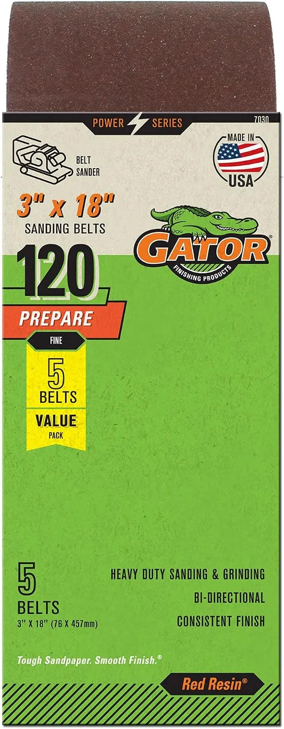 Gator 3" x 18" Red Resin Aluminum Oxide Sanding Belts, 120 Grit, 5 Pack
