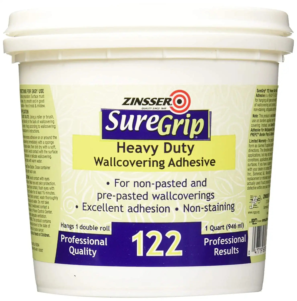 Zinsser SureGrip 122 | Heavy Duty Clear Strippable Wallcovering Adhesive | Excellent Adhesion | Dries Clear | Quart