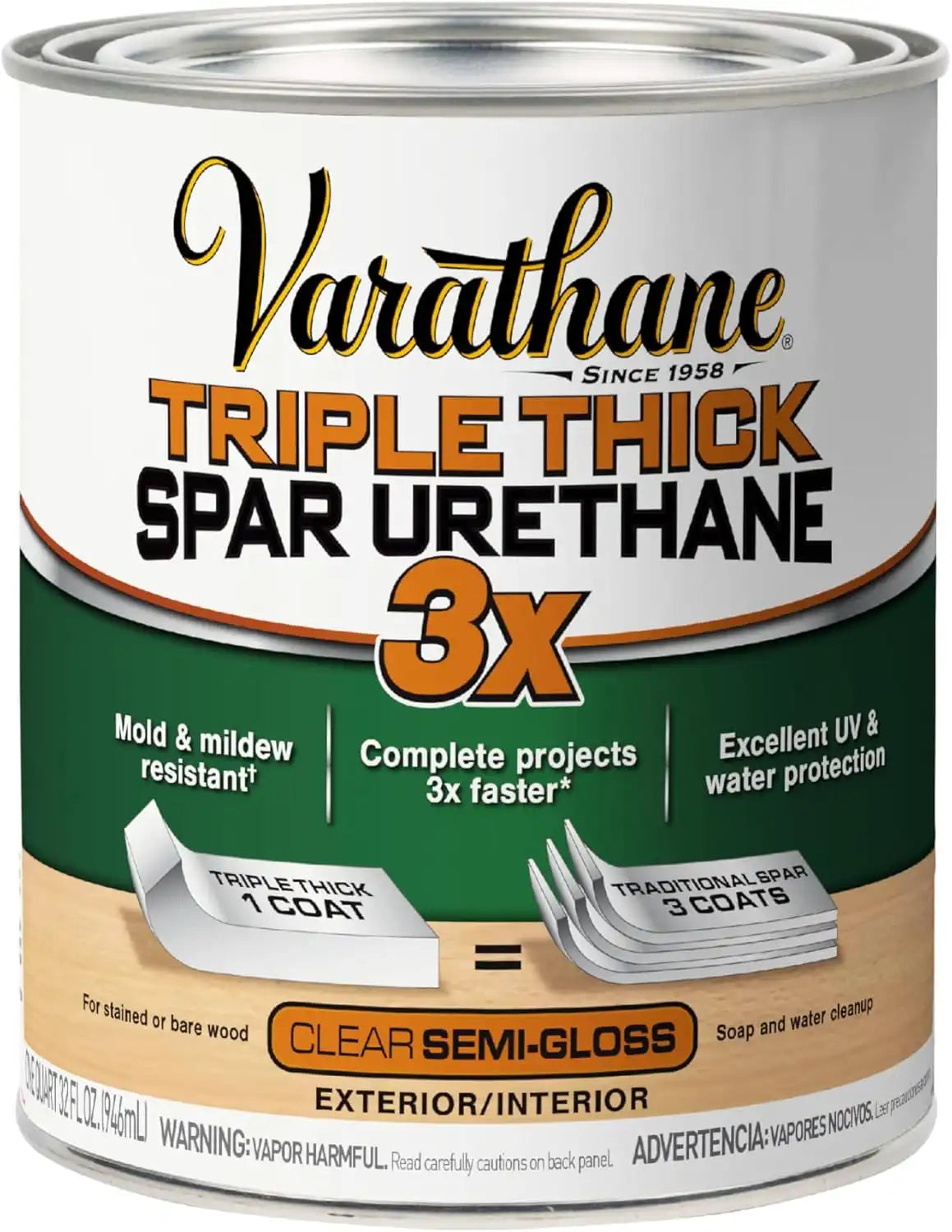 Varathane Triple Thick Spar Urethane | 3X Thicker One‑Coat Coverage | Exterior Wood Protection | UV Inhibitors for Reduced Fading | Semi-Gloss | Quart