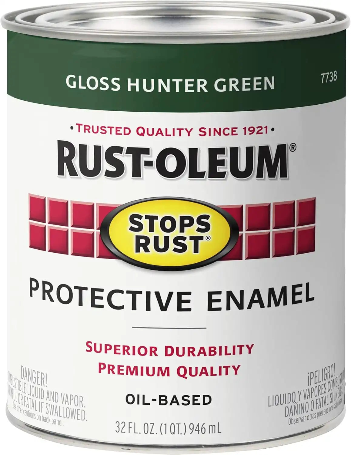 Rust-Oleum 7738502 Stops Rust Brush On Paint, Quart, Gloss Hunter Green, (Pack of 1)