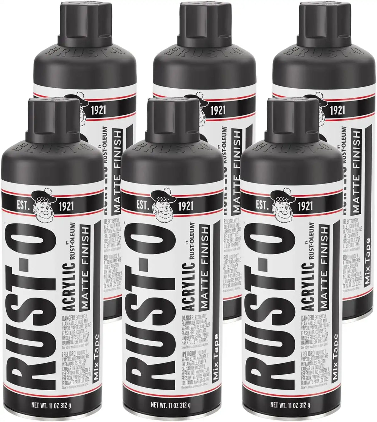 Rust-Oleum Rust-O Acrylic Spray Paint | Street Artist Spray Paint for Murals | Weather Resistant for Concrete, Wood, Brick and Other Surfaces | 11 Ounce | Matte Mix Tape | 6 Pack
