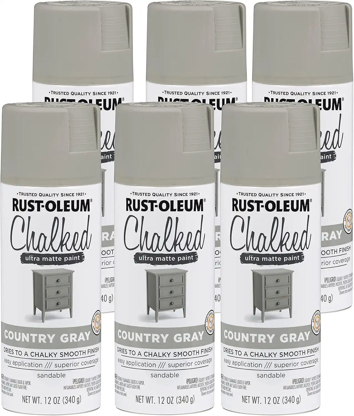 Rust-Oleum Country Gray Chalked All-in-One Ultra Matte Spray Paint | One Coat Coverage | No Primer, Sanding, Or Topcoat Needed | Easy Spray Application | Made in USA | 12 OZ | 6 Pack