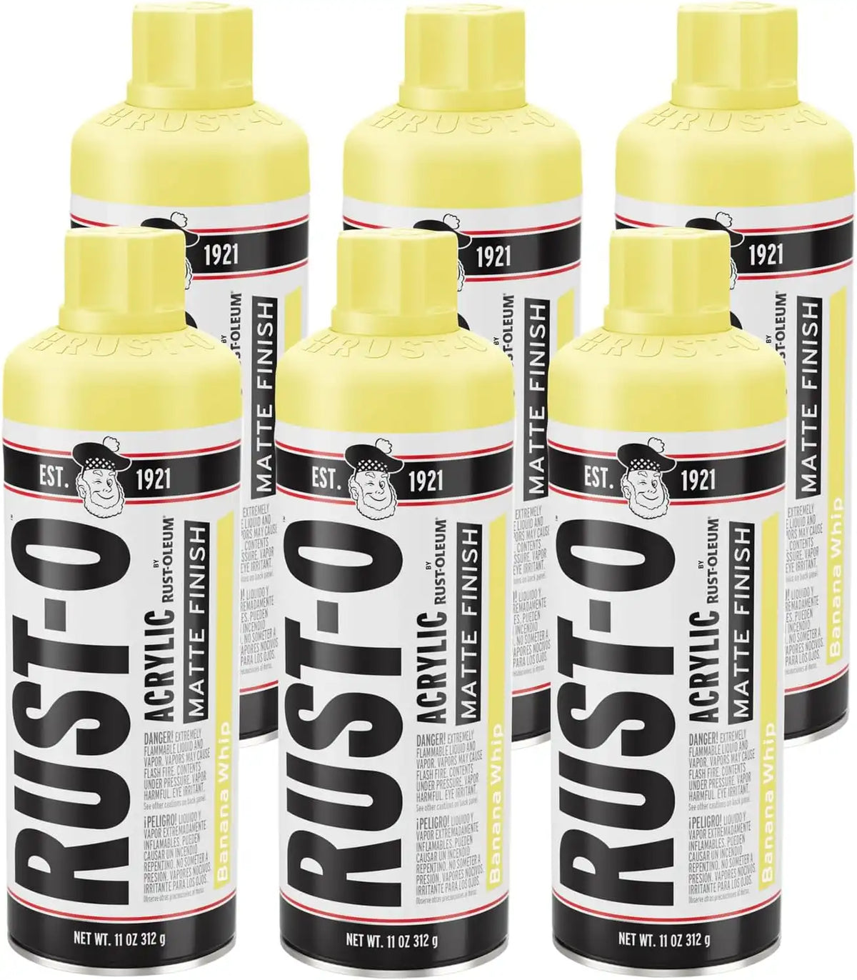 Rust-Oleum Rust-O Acrylic Spray Paint | Street Artist Spray Paint for Murals | Weather Resistant for Concrete, Wood, Brick and Other Surfaces | 11 Ounce | Matte Banana Whip | 6 Pack