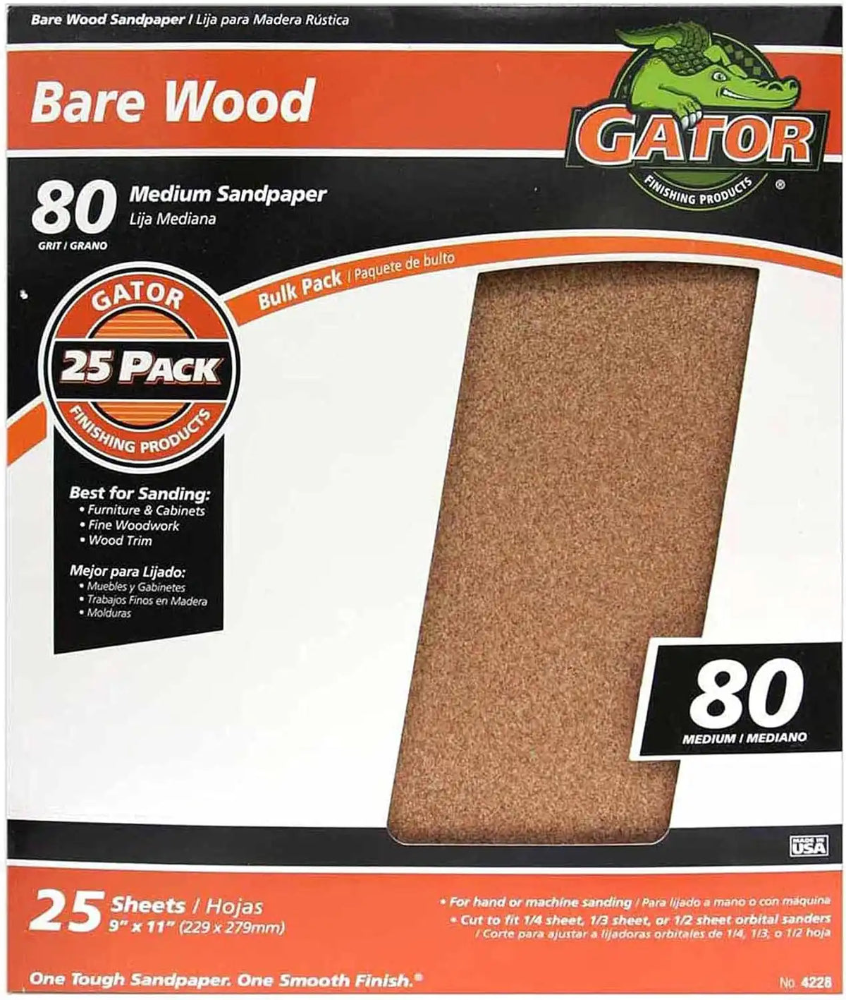 Gator 9" x 11" Bare Wood Sanding Sheets, 80 Grit, 25 Pack