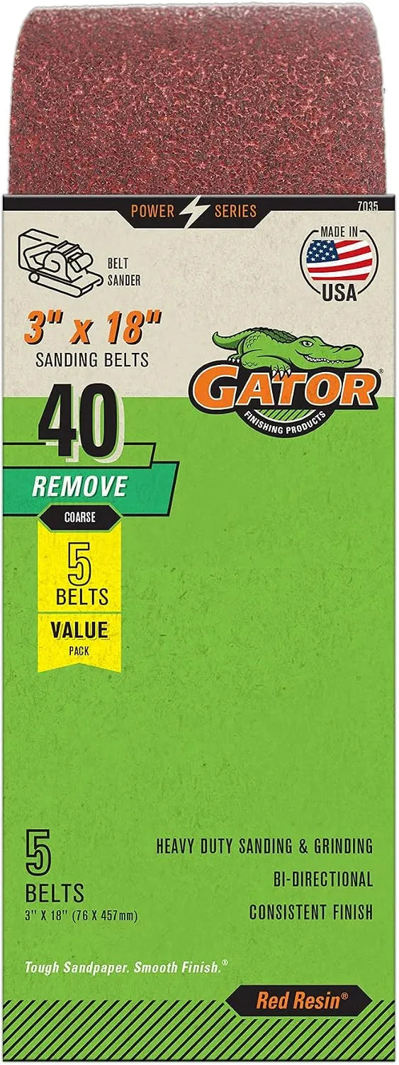 Gator 3" x 18" Red Resin Aluminum Oxide Sanding Belts, 40 Grit, 5 Pack