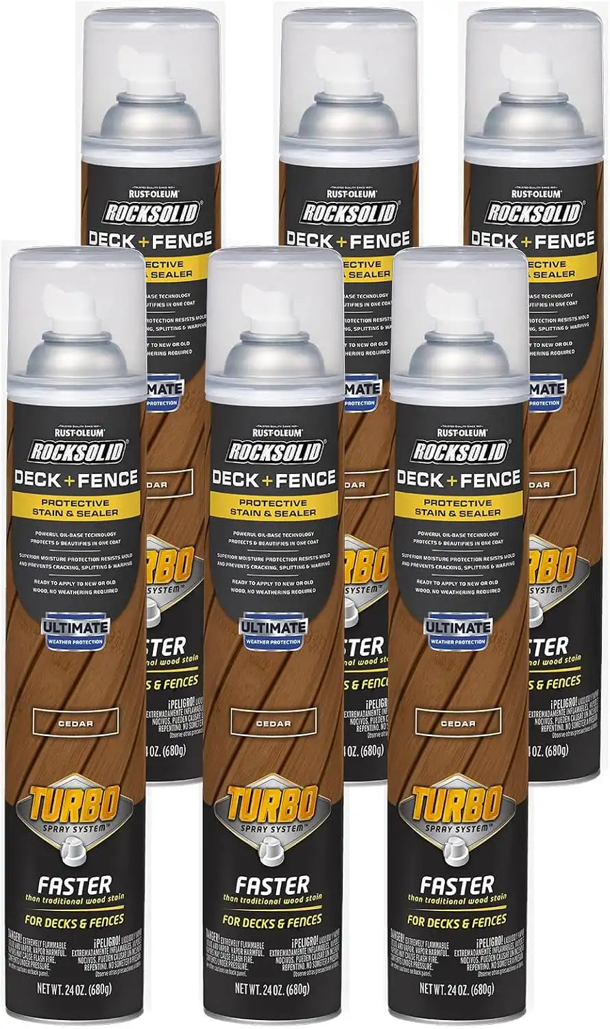 RockSolid Deck+Fence Protective Stain & Sealer with Turbo Spray System | Oil‑Base One‑Coat Protection | Superior Moisture Resistance | UV Resistant | Cedar | 23 oz Aerosol | 6 Pack
