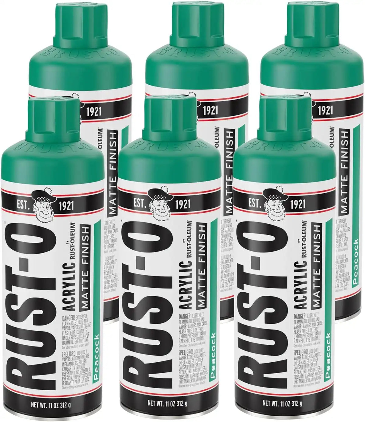 Rust-Oleum Rust-O Acrylic Spray Paint | Street Artist Spray Paint for Murals | Weather Resistant for Concrete, Wood, Brick and Other Surfaces | 11 Ounce | Matte Peacock | 6 Pack