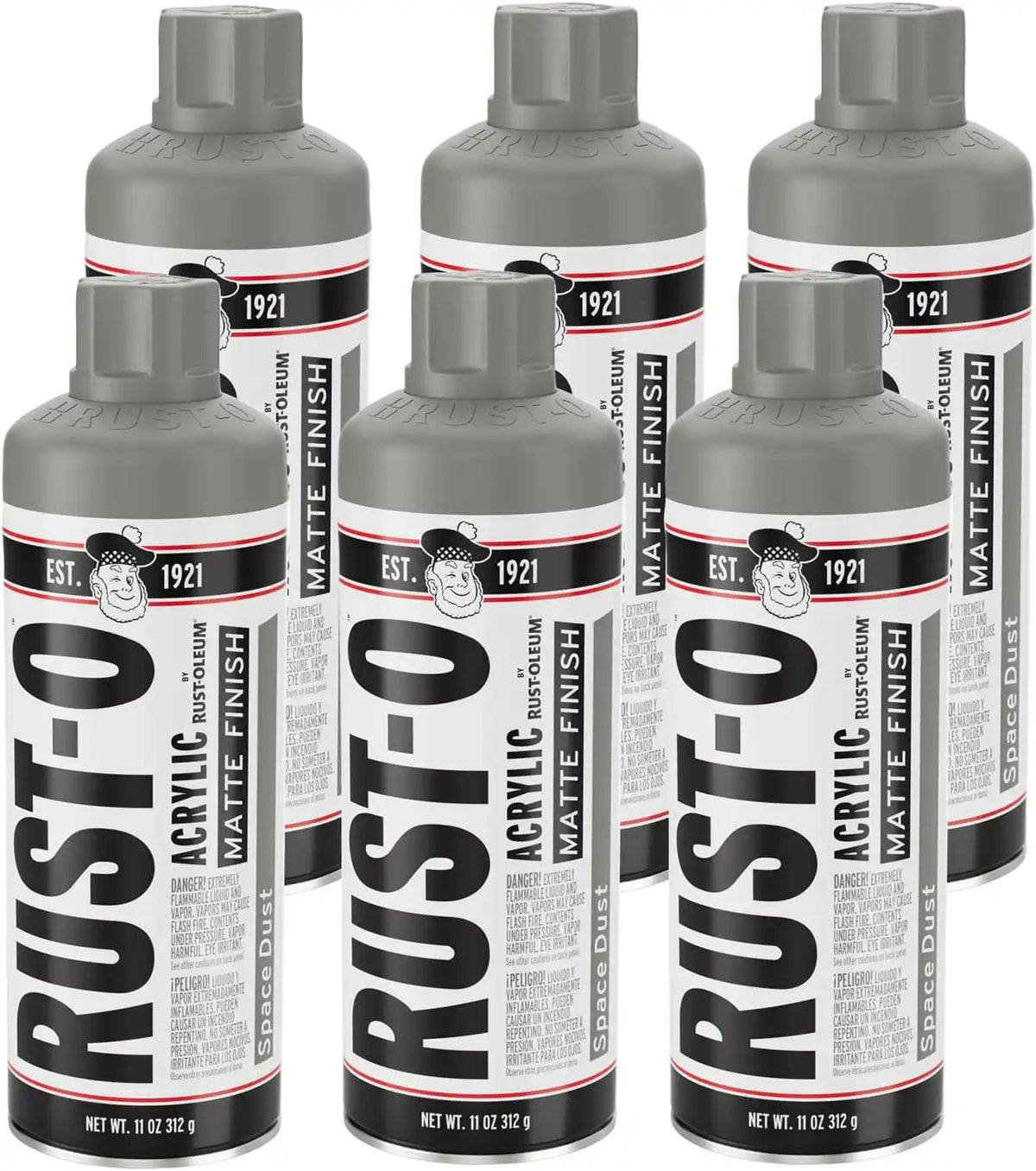 Rust-Oleum Rust-O Acrylic Spray Paint | Street Artist Spray Paint for Murals | Weather Resistant for Concrete, Wood, Brick and Other Surfaces | 11 Ounce | Matte Space Dust | 6 Pack