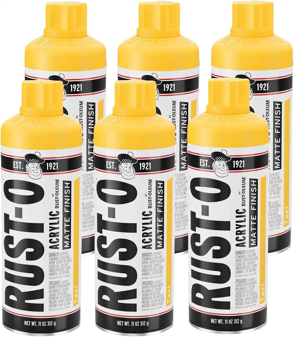 Rust-Oleum Rust-O Acrylic Spray Paint | Street Artist Spray Paint for Murals | Weather Resistant for Concrete, Wood, Brick and Other Surfaces | 11 Ounce | Matte Taxi | 6 Pack