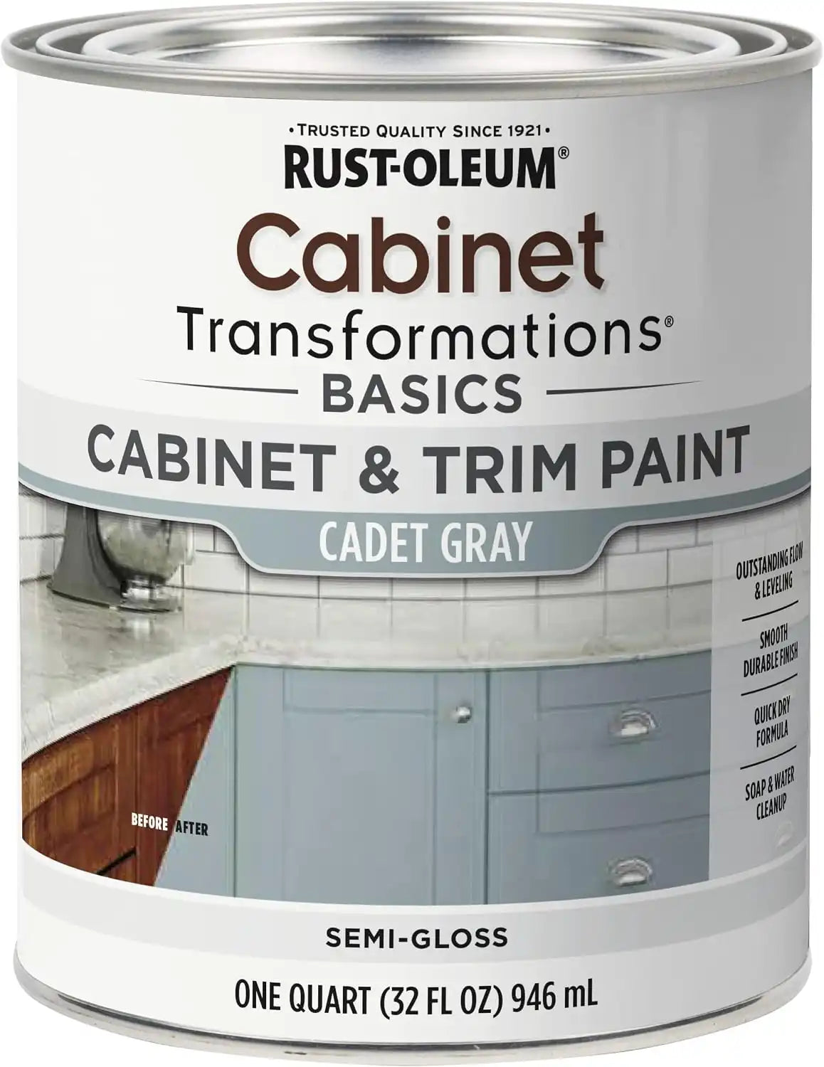 Rust-Oleum 372009 Transformations Basics Cabinet & Trim Paint, Quart, Cadet Gray 32 Fl Oz, 0.25 Gallon (Pack of 1)
