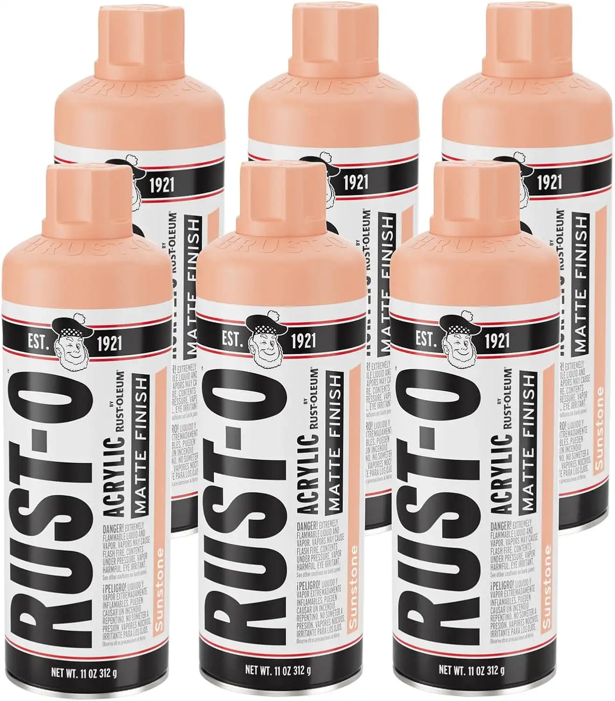 Rust-Oleum Rust-O Acrylic Spray Paint | Street Artist Spray Paint for Murals | Weather Resistant for Concrete, Wood, Brick and Other Surfaces | 11 Ounce | Matte Sunstone | 6 Pack