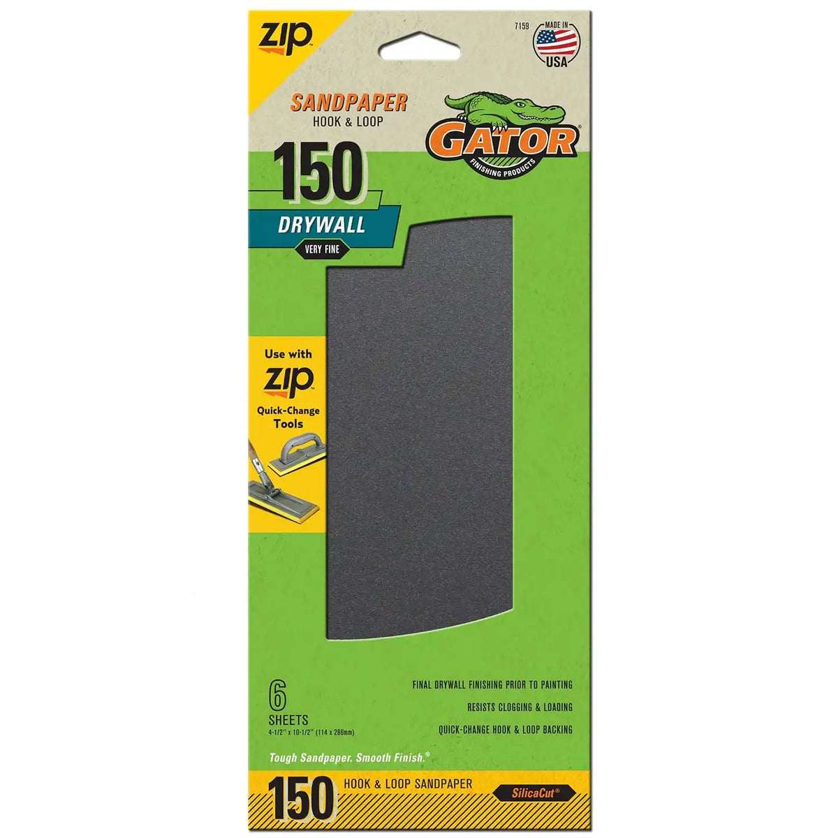Gator 7159 Hook and Loop Very Fine 150-Grit Drywall Sheet Sandpaper, 4.5 x 10.5 Inch, 6 Sheets