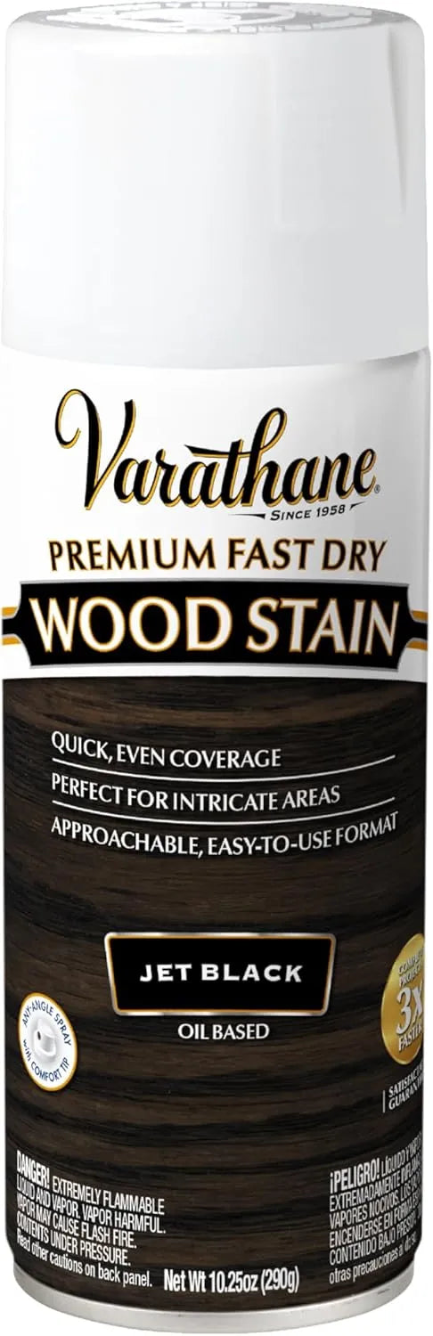 Varathane Premium Fast Dry Wood Stain Spray | 1 Hour Dry Time | 1 Coat Color | Interior Wood Stain | Furniture, Cabinets, Doors, Trim | 10.25 oz | Jet Black