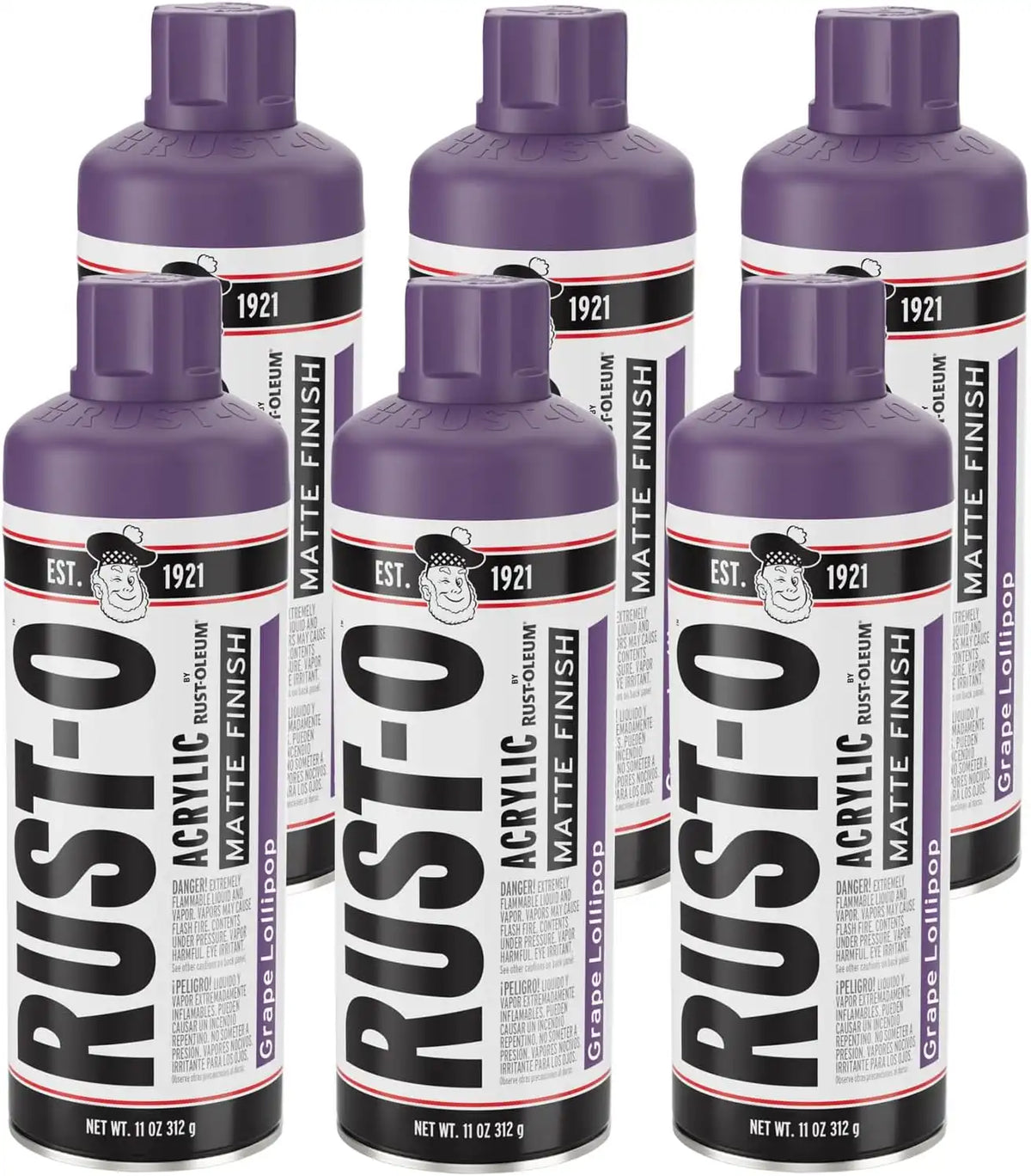 Rust-Oleum Rust-O Acrylic Spray Paint | Street Artist Spray Paint for Murals | Weather Resistant for Concrete, Wood, Brick and Other Surfaces | 11 Ounce | Matte Grape Lollipop | 6 Pack