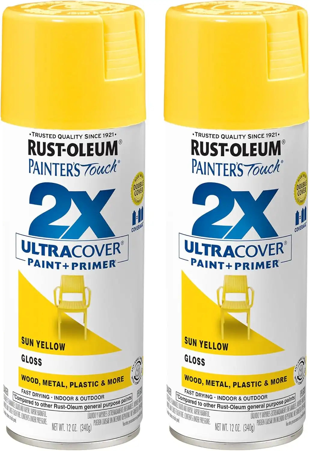 Rust-Oleum 334046-2PK Painter's Touch 2X Ultra Cover Spray Paint, 12 oz, Gloss Sun Yellow, 2 Pack