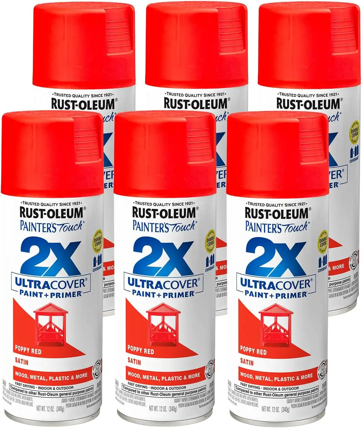 Rust-Oleum 334084-6PK Painter's Touch 2X Ultra Cover Spray Paint, 12 oz, Satin Poppy Red, 6 Pack