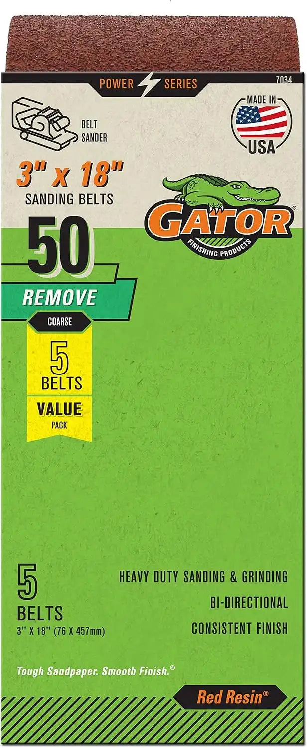 Gator 3" x 18" Red Resin Aluminum Oxide Sanding Belts, 50 Grit, 5 Pack