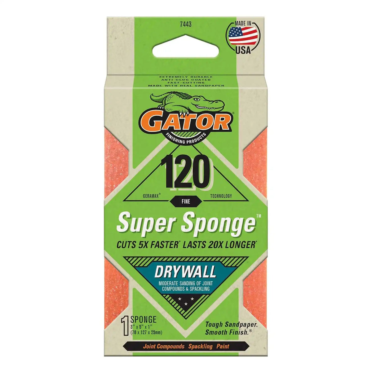 Gator 7443 Fine 120-Grit Drywall Sanding Super Sponge, 3 x 5 x 1 Inch