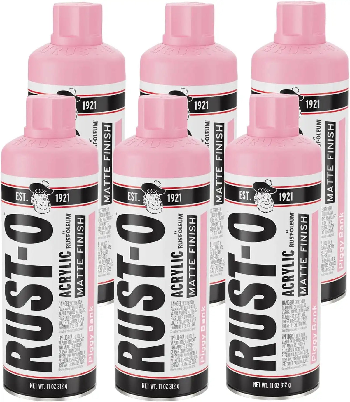 Rust-Oleum Rust-O Acrylic Spray Paint | Street Artist Spray Paint for Murals | Weather Resistant for Concrete, Wood, Brick and Other Surfaces | 11 Ounce | Matte Piggy Bank | 6 Pack