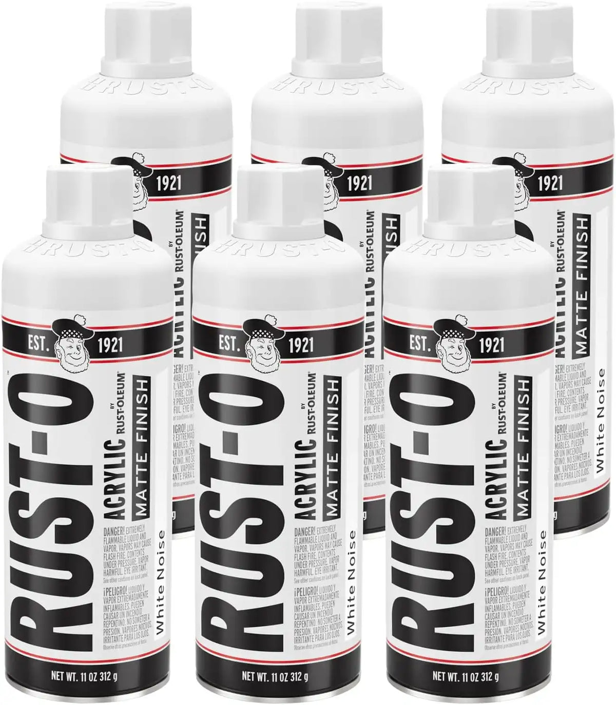 Rust-Oleum Rust-O Acrylic Spray Paint | Street Artist Spray Paint for Murals | Weather Resistant for Concrete, Wood, Brick and Other Surfaces | 11 Ounce | Matte White Noise | 6 Pack