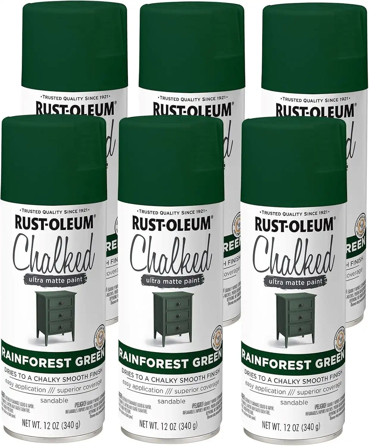 Rust-Oleum Rainforest Green Chalked All-in-One Ultra Matte Spray Paint | One Coat Coverage | No Primer, Sanding, Or Topcoat Needed | Easy Spray Application | Made in USA | 12 OZ | 6 Pack