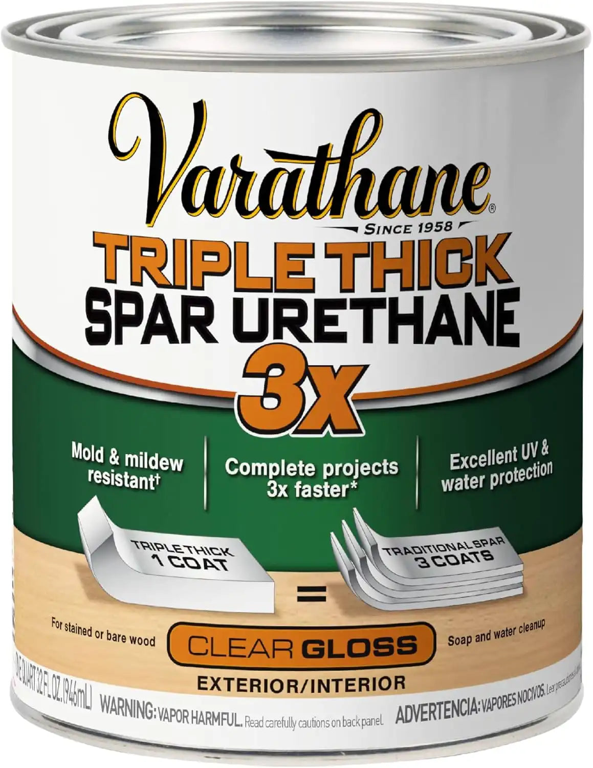 Varathane Triple Thick Spar Urethane | 3X Thicker One‑Coat Coverage | Exterior Wood Protection | UV Inhibitors for Reduced Fading | Gloss | Quart