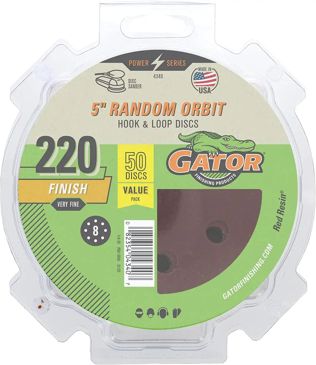 Gator 5" Random Orbit Hook & Loop Red Resin Aluminum Oxide Sanding Discs, 8-Hole, 220 Grit, 50 Pack
