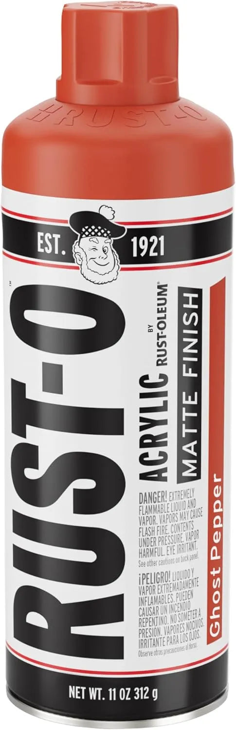 Rust-Oleum Rust-O Acrylic Spray Paint | Street Artist Spray Paint for Murals | Weather Resistant for Concrete, Wood, Brick and Other Surfaces | 11 Ounce | Matte Ghost Pepper