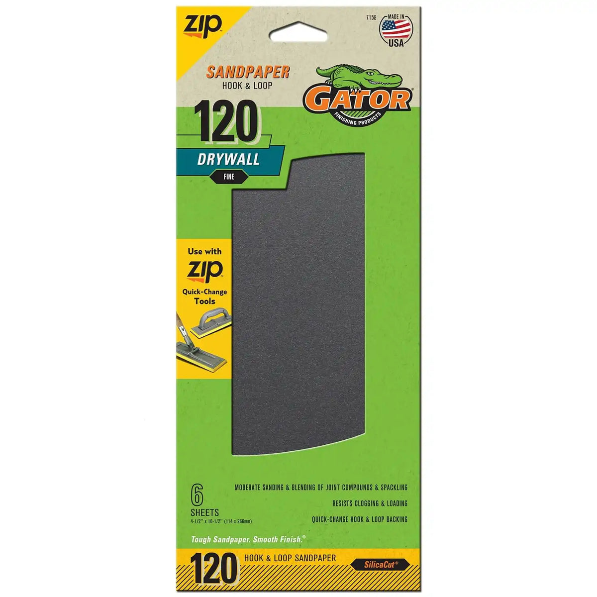 Gator 7158 Hook and Loop Fine 120-Grit Drywall Sheet Sandpaper, 4.5 x 10.5 Inch, 6 Sheets