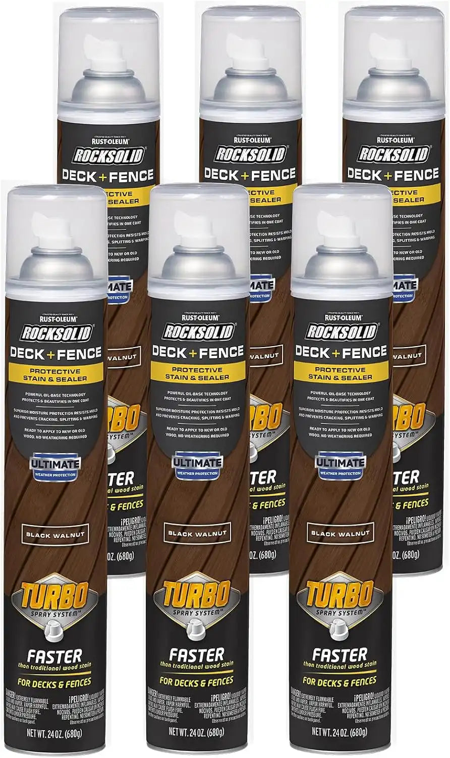 RockSolid Deck+Fence Protective Stain & Sealer with Turbo Spray System | Oil‑Base One‑Coat Protection | Superior Moisture Resistance | UV Resistant | Black Walnut | 23 oz Aerosol | 6 Pack