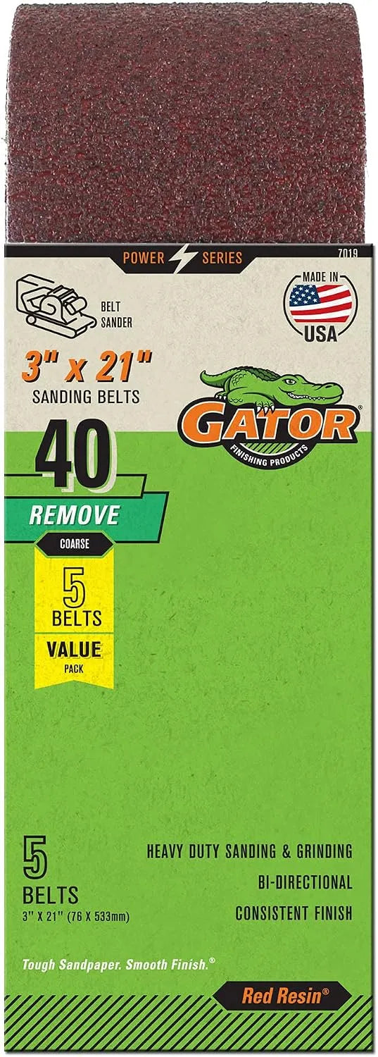 Gator 3" x 21" Red Resin Aluminum Oxide Sanding Belts, 40 Grit, 5 Pack