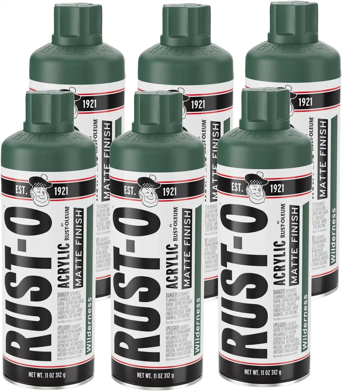 Rust-Oleum Rust-O Acrylic Spray Paint | Street Artist Spray Paint for Murals | Weather Resistant for Concrete, Wood, Brick and Other Surfaces | 11 Ounce | Matte Wilderness | 6 Pack