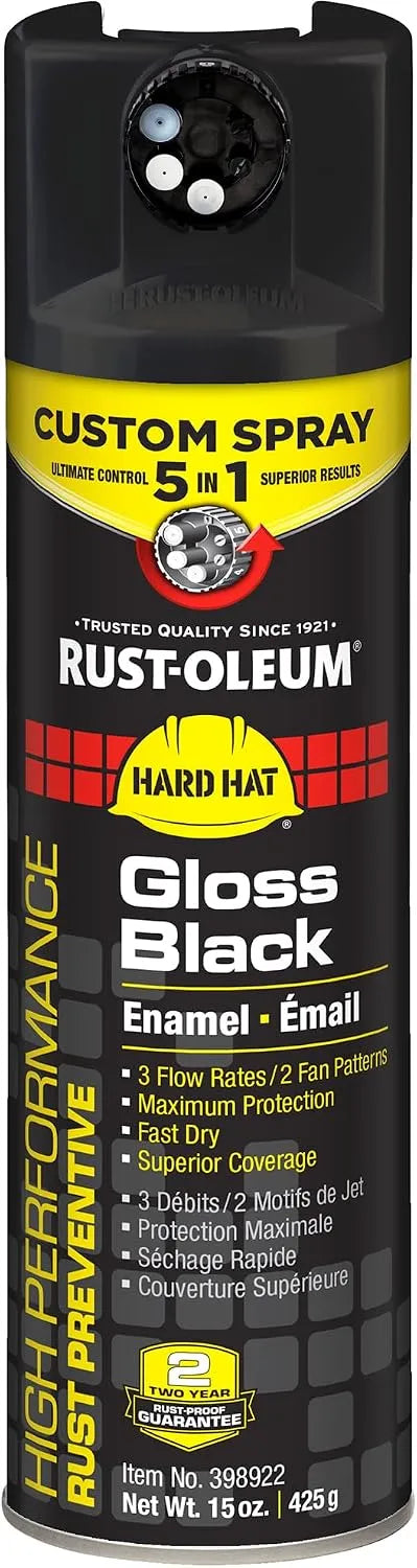 Rust-Oleum Hard Hat High Performance Custom Spray 5-in-1 Enamel | 5 Adjustable Spray Patterns | Fast-Drying Rust Preventive Formula | Corrosion-Resistant Finish | Gloss Black | 15 oz