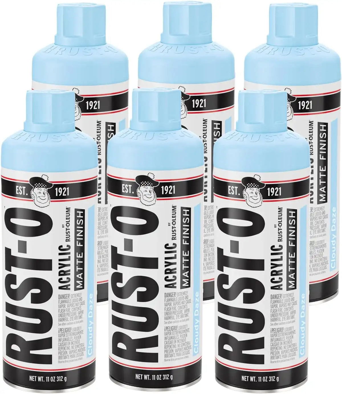 Rust-Oleum Rust-O Acrylic Spray Paint | Street Artist Spray Paint for Murals | Weather Resistant for Concrete, Wood, Brick and Other Surfaces | 11 Ounce | Matte Cloudy Daze | 6 Pack
