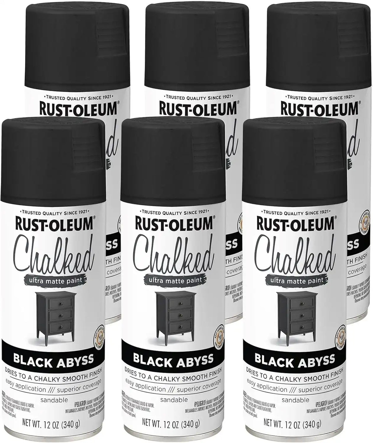 Rust-Oleum 392046-6PK Chalked Ultra Matte Spray Paint, 12 oz, Black Abyss, 6 Pack