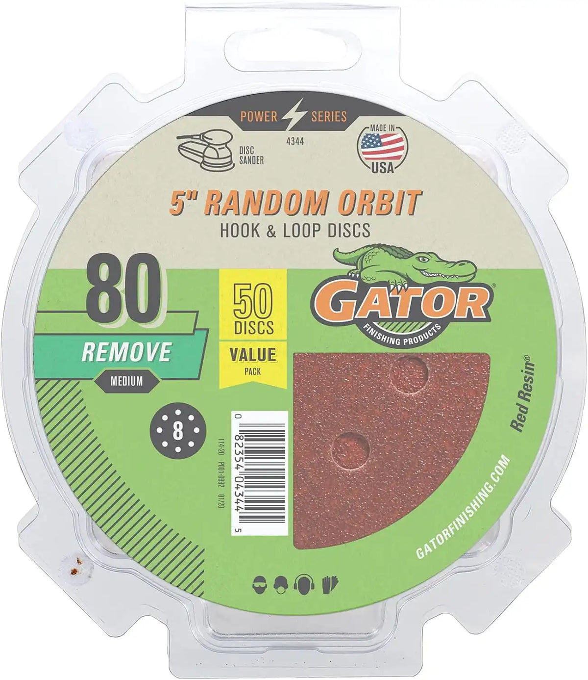 Gator 5" Random Orbit Hook & Loop Red Resin Aluminum Oxide Sanding Discs, 8-Hole, 80 Grit, 50 Pack