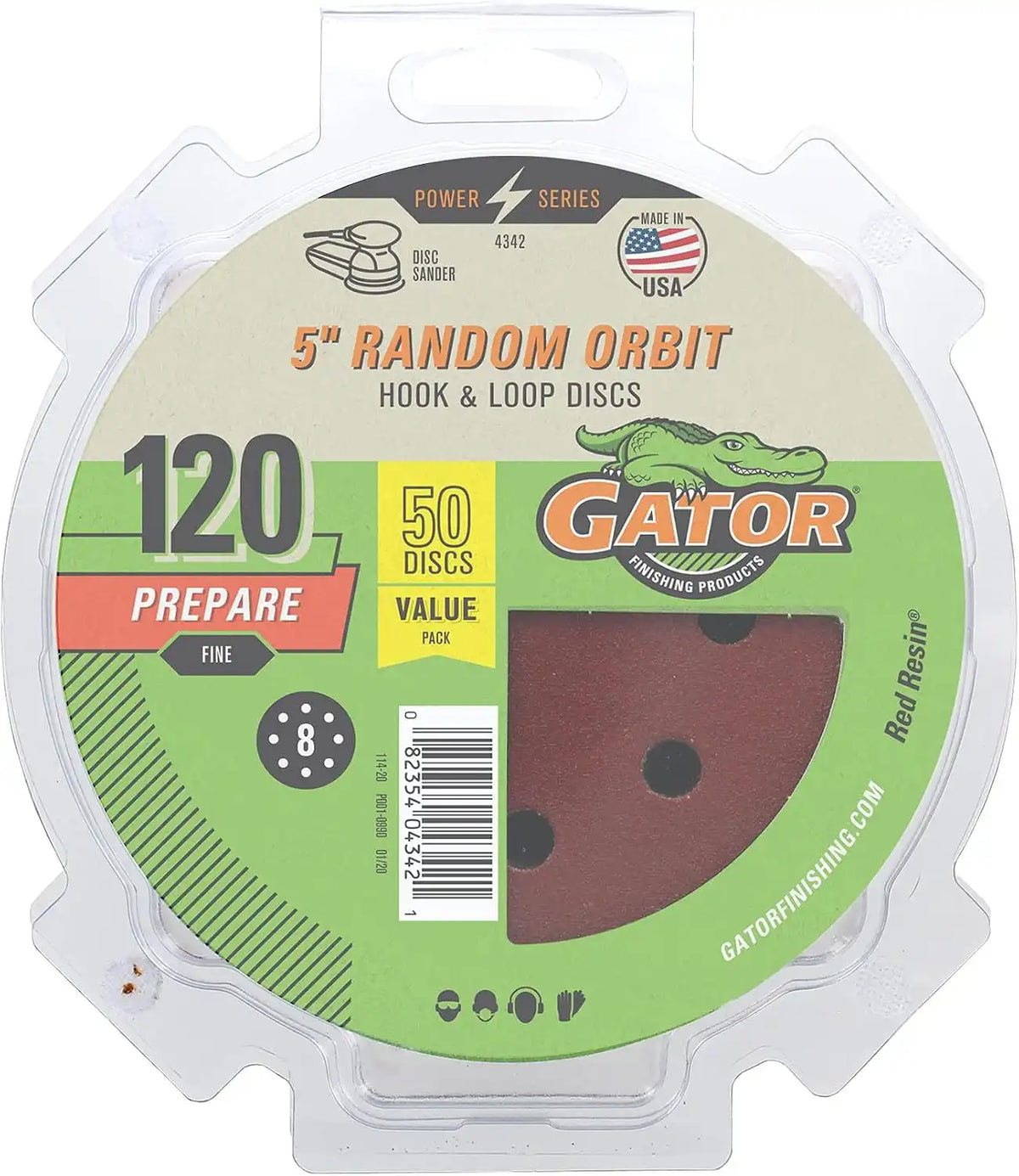 Gator 5" Random Orbit Hook & Loop Red Resin Aluminum Oxide Sanding Discs, 8-Hole, 120 Grit, 50 Pack