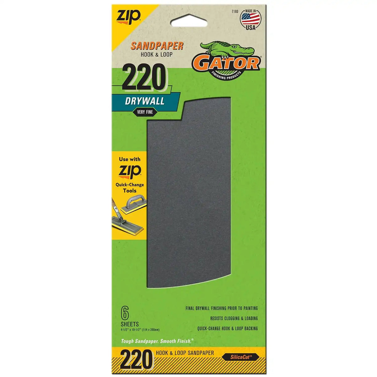 Gator 7160 Hook and Loop Very Fine 220-Grit Drywall Sheet Sandpaper, 4.5 x 10.5 Inch, 6 Sheets